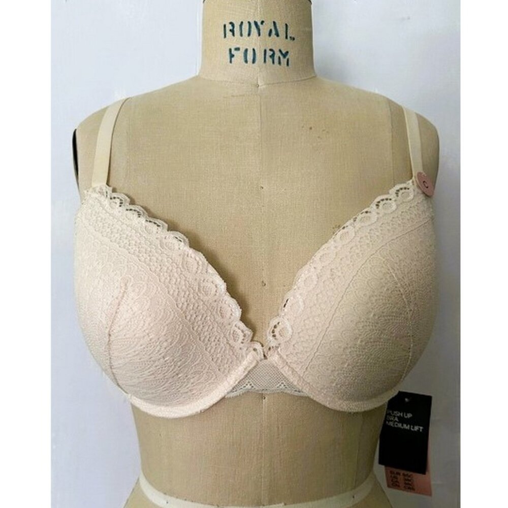 H&M CREAM BEIGE PINK LACE PUSH-UP BRA 38C NWT